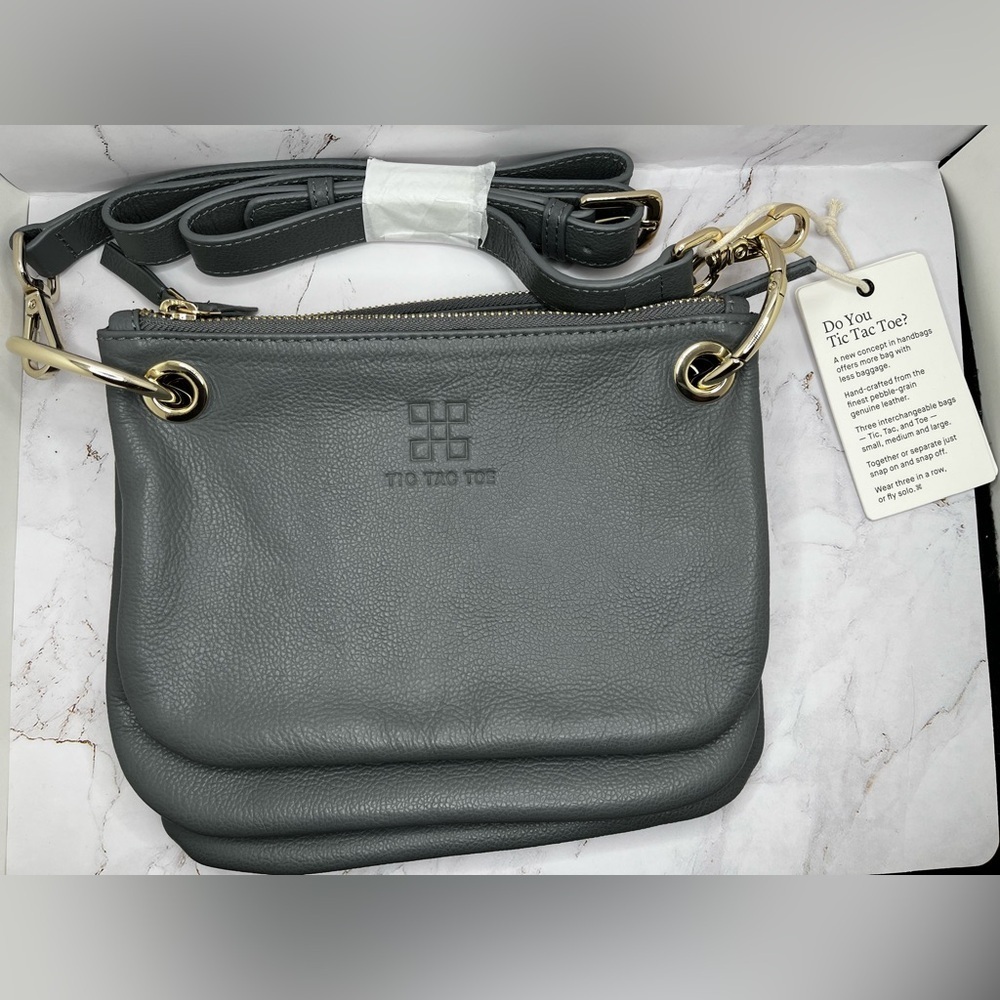 NWT Tic Tac Toe The Minime Small Square Triplet Set in Grey with Gold Hardware